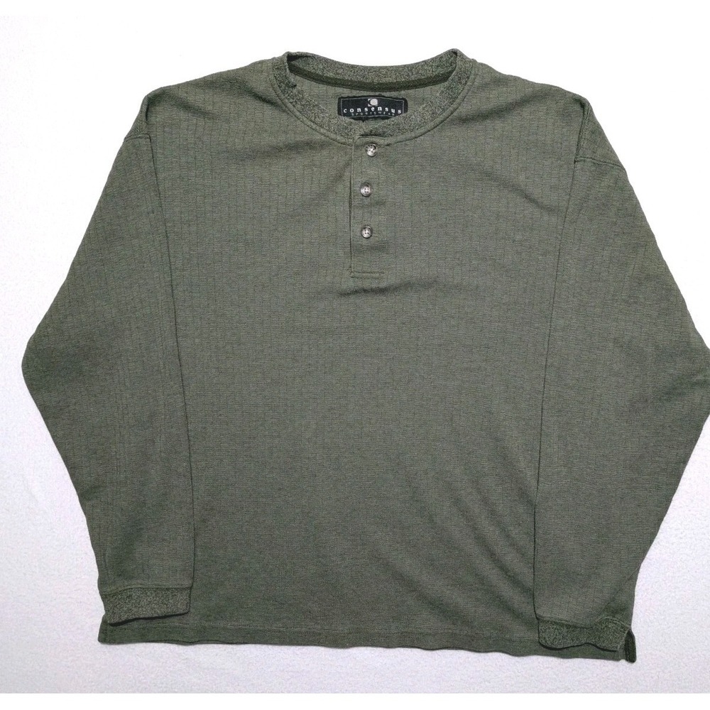 Consensus Sportswear Ribbed Henley‎ Long Sleeve Shirt Size L Mossy Green Cotton